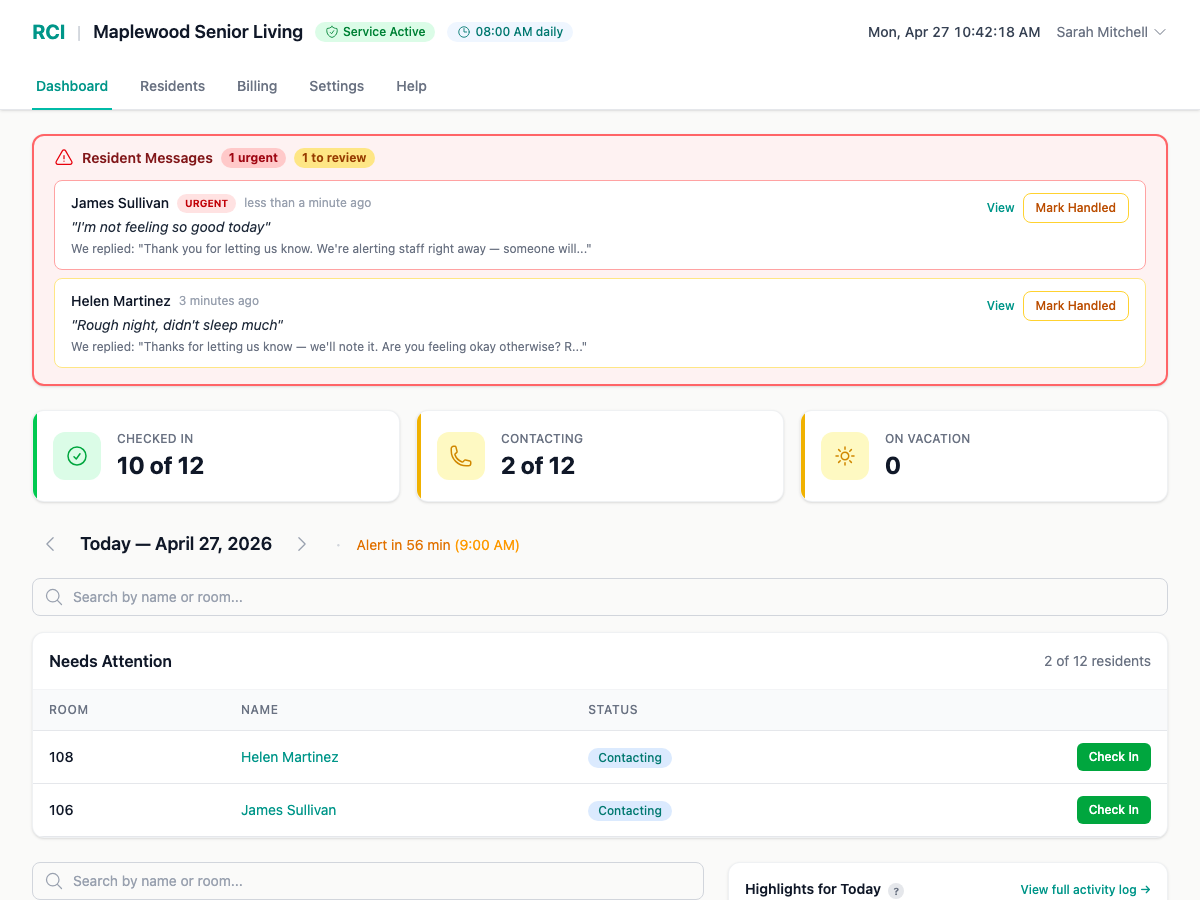 Dashboard showing an urgent message and a review message