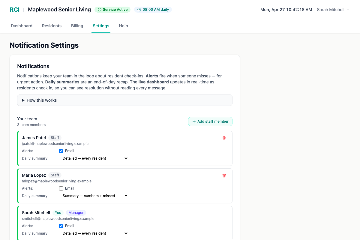Notification settings page showing per-staff alert and daily-summary controls for each team member