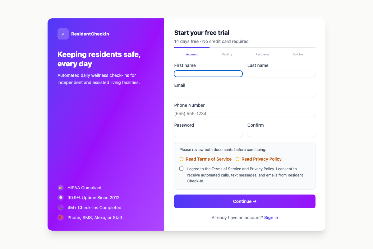 OKHERE signup form — start a free trial in about 5 minutes